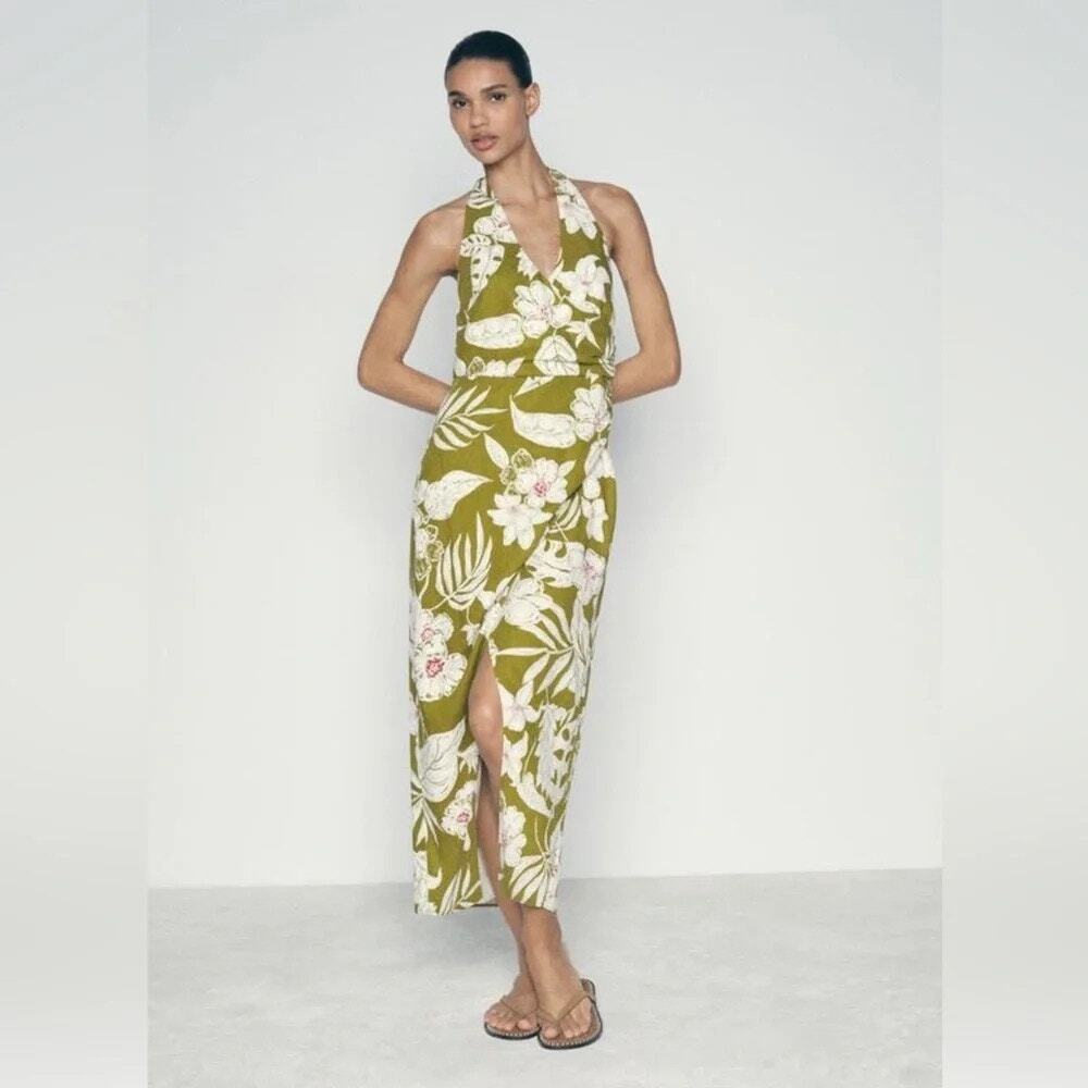 Zara Olive White Tropical Floral Linen Halter Faux Wrap Midi Dress Size XS